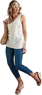 [Rockmans] Womens - Tops - Summer - Tank/Tshirt - White Linen - Sleeveless - V Neck - Relaxed Fit - Length Long - Striped - Casual Work Clothes