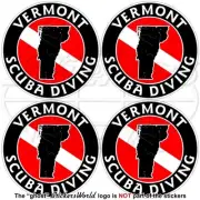 VERMONT SCUBA DIVING Flag-Map Shape USA Circular Vinyl Stickers, Decals 50mm x4