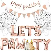 23PCS Pet Party Decoration Kit with Dog Paw Print Balloons Lets Pawty Foil Balloons Happy Birthday Banner Cone Hat for Dog Cat Birthday Party Supplies (Rose Gold）