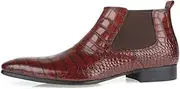 [Generic] Ankle Boot for Men High Top Boot Slip On StyleGenuine Leather Stone Texture Elastic Cord Pointed Toe Flat Block Heel Men's Leather Shoes