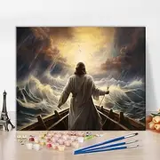 TUMOVO Jesus Paint by Number for Adults, DIY Painting Kit on Canvas, Jesus Christ Boat Calms Storm Sea, 16X20 Inch (Frameless)
