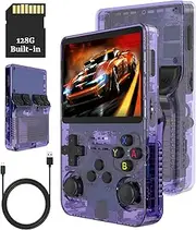 Bewinner R36s 3.5 Inch Retro Gaming Console, 21000+ Games Retro Handheld Game Console, Video Game Console with Dual Stylem Linux/Garlic Supports & Dual 3D Joysticks (Transparent Purple) (128G)