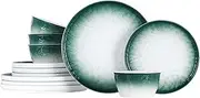 [QOMO-1996] 12-Piece Gradient Green Porcelain Dinnerware Set for 4,Chip Resistant Plates and Bowls Sets, Microwave & Dishwasher Safe Green Dish Set,Suitable for All Occasions