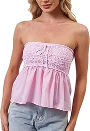 [Eutten] Women Strapless Babydoll Tops Floral Print Tube Top Crochet Sleeveless Peplum Bandeau Tops Flowy Backless Corset Top