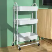 3 Tiers Kitchen Storage Trolley Cart Steel Rack Shelf Organiser Wheels White