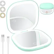 YUKAIONE Rechargeable LED Makeup Mirror, Compact Travel Mirror with 1X/10X Magnification, 3 Color Lights, Mini Magnetic Pocket Mirror for Women(Mint Green)