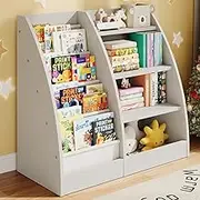 4 Tier Kids Bookshelf, 4 Layer Sling Kids Book Shelf for Kids Rooms,Wood Children Bookcase,Baby Storage Book Rack,Toddler Bookshelf, Book and Toy Organizer,Book Display Shelf for Bedroom, Nursery