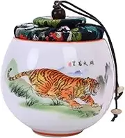 Chinese Tea Caddy,Ceramic jar, Mini Porcelain Loose Tea Storage Tea Caddy Tea Canister Tea Container Tins Jar with Airtight Lid and Tiger Pattern Finish, 170ML Loose Tea Storage Containers