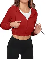 [FKEEP] Cropped Zip Up Hoodie Women Jacket Top Sweatshirt Casual Basic Gym Workout Sport