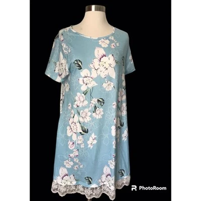 Halife Night Gown Pajama Floral Blue White Flowers White Lace Trim Flowy Medium