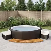 Black Poly Rattan Hot Tub Surround with Acacia Wood, 2 Spa Benches, Cushions, Outdoor Solar Shower Shade, Coleman Hot Tub Accessories