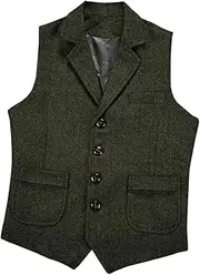 [HEYDHSDC] Mens Lapel V Neck Wool Herringbone Suit Vest Casual Formal Business Waistcoat Groomman For Wedding Army En8 M