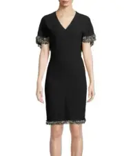 ELIE TAHARI MERCI BLACK BEADED FRINGE TRIMMED CAPE SLEEVE SHEATH DRESS SZ.6-NWT