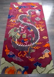 Hand Knotted Vintage Antique Tibetan Dragon Rug 3x6 ft Wool Floor Home Decor Rug