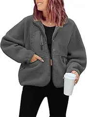 [Qolkmuiy-GJ] Womens Sherpa Lapel Button Down Jacket Fuzzy Long Sleeve Short Coats with Pocket Winter Warm Cozy Fleece Outwear (Grey 2,L), Grey 2, L