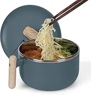 ALXBSONE 40 Oz Ramen Bowl Soup Bowls with Lid and Handles Noodles Pasta Cereal Salad Stainless-Steel Bowls with Drain Hole Instant Noodle Cup for Girls or Guys(Blue)