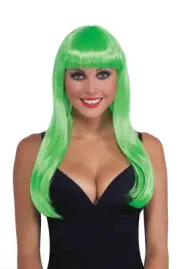 Neon Green Long Sassy Adult Costume Wig With Bangs One Size