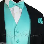 Men's Turquoise Tuxedo Suit Dress Vest Waistcoat & Straight Cut Bowtie & Hanky