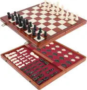 Magnetic Wooden Chess Set & Checkers - 15" Folding Board for Adults & Beginners