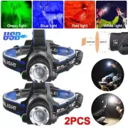 2PCS White&Red&Green&Blue LED Headlamp Head Torch Lamp Zoom USB Rechargeable