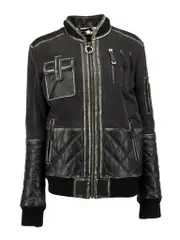 Dark Grey Cotton Bomber with Calf Leather Matelasse Details