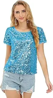 [Yutuwomsfushi] Womens Full Sequin Sparkle Tops Shimmer Glitter Round Neck Short Sleeve Shirt Summer Disco Party Tee Shirts Tunic Blouse