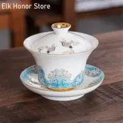 120ml White Porcelain Gaiawan Crane Wave Plated Tea Bowl Household