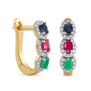 Oval Multi-Gemstone and 0.17 CT. T.W. Diamond Frame Three Stone Hoop Earrings in 10K Gold