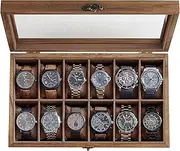 SONGMICS Watch Box with 12 Slots, Watch Case, Solid Wood Watch Box Organiser with Large Glass Lid, Watch Display Box with Removable Pillows, Gift Idea, Rustic Walnut JOW120K01