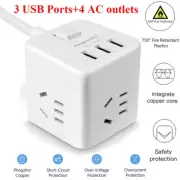 AU Cube Power Board Strip 3 USB+4 Socket Outlets Extension Cord Charger Charging