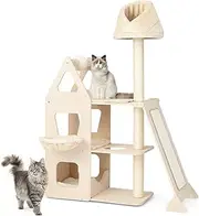 Costway Multi-Level Wood Cat Tree, Cat Tower with Sisal Scratching Post, Ball & Board, Plush Condo, Platforms, Padded Perch, Cozy Hammock, Kitten Condo Furniture for Rest & Fun, Beige