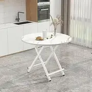 Hbluefat Folding Table, 27.56in Round Wooden Dining Table, Portable Sofa Side Table, Snack Table, Picnic Table, Coffee End Table for Home Office, Small Spaces, Indoor/Outdoor (White Marble)