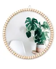 Boho Wall Mounted Circle Mirror, Wooden Round Mirror, Wall Decor for Bathroom
