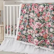 Brandream Allure Floral Crib Bedding Sets for Girls | 3-Piece Blossom Nursery Baby Bedding Set | Crib Comforter, Fiited Crib Sheet, White Tulle Lace Crib Bed Skirt, Pink Purple Green