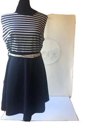Caroline Morgan Navy Stripe Contrast Bodice Belt Sailor Dress Sz 14