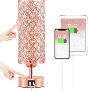 Crystal Table Lamp - 3-Way Dimmable Touch Control, Rose Gold Bedside Lamp with U