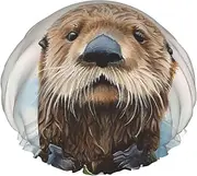 Sea Otter Shower Cap Reusable Waterproof Shower Bonnet for Women Men Elastic Band Bath Hair Hat Double Layered Washable Bath Cap for All Hairstyles, Travel-Friendly