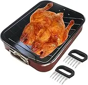 KITment Roasting Pan with Rack, Roasting Tray Non-Stick Roaster Pan with Meat Shredder Claws, Carbon Steel Oven Tray Turkey Pan for Roasting Chicken Meat Vegetables 16.3×12.5×3.1 Inch
