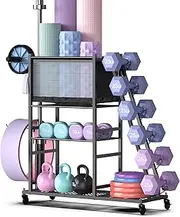 Mythinglogic Weight Rack for Dumbbells, Home Gym Storage for Yoga Mat Dumbbells Kettlebells and Strength Training Equipment, Dumbbell Rack with Wheels and Hanging Hooks