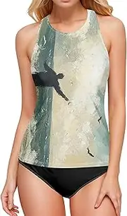 [Joitme] Halloween Pumpkins Night Swim Tops for Women, Small Plus Size Swim Top Tummy Control, Bathing Suit Top No Bottom, Beach Man Wave Blue, Medium
