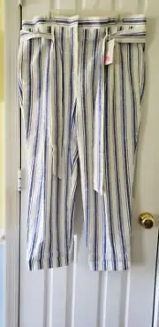 Boden St. Ives Paperbag Linen Blue White Stripe Pants SZ 14 New! Pockets