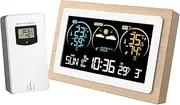 FJ3399C Smart Weather Station with Clock Indoor and Outdoor Temperature & Humidity Meter Multifunctional VA Large Color Screen Weather Clock Temperature & Humidity Gauge with 1 Sensor(Support up to 3