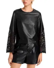 Milly Lara Faux Leather Embroidered Long Sleeve Top