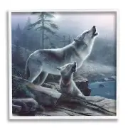 Howling Wolf & Pup Landscape White Framed Giclee Art Design by Kevin Daniel