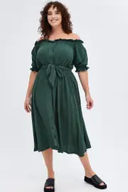 Green Short Sleeve Linen Button Midi Dress