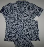 NWT Natori Navy/White ARTSY LEOPARD Knit Cropped Pajama/Lounge Set L POCKETS