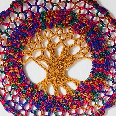 Crochet Tree of Life Mandala Wall Hanging Handmade 12" Multi-color Rainbow
