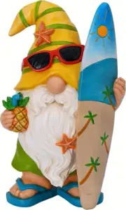 Surfer Gnome Figurine - 9.1 Inch Tall Outdoor Lawn Decor Statue