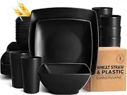 HOMIEST 32-Piece Plastic Wheat Straw Square Dinnerware Set for 8, Unbreakable Dinner Plates, Salad Plates, Snack Bowls, Tumblers 20 oz, Dishwasher Safe, Black Matte