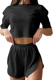 [Remidoo] Women's Striped Tee Shirts and Shorts Pajamas Set Side Slit Crewneck Loungewear, Solid Black, Medium